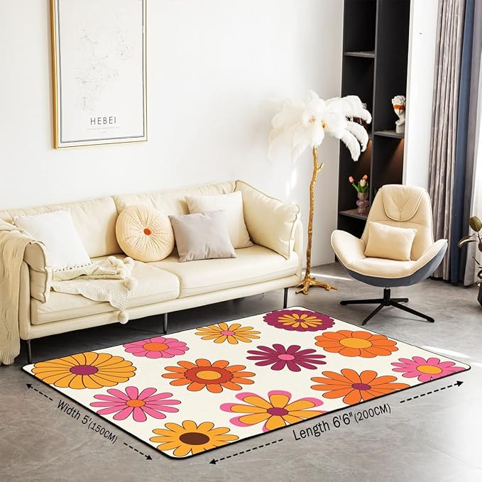 Colorful Groovy Flowers Area Rug 5'x6'6'' 60S 70S Hippie Rug Cute Aesthetic Floral Carpet for Kids Girls Teen Women Multicolored Botanical Kawaii Decorative Non Shedding Decorative Rug