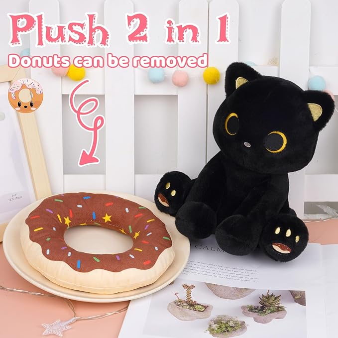 Black Cat Plush, 8inch Donut Black Cat Stuffed Animal Cute Plushies Toys for Girls Kids Boys, Kawaii Kitten Plushie for Kids Adult Birthday Gift