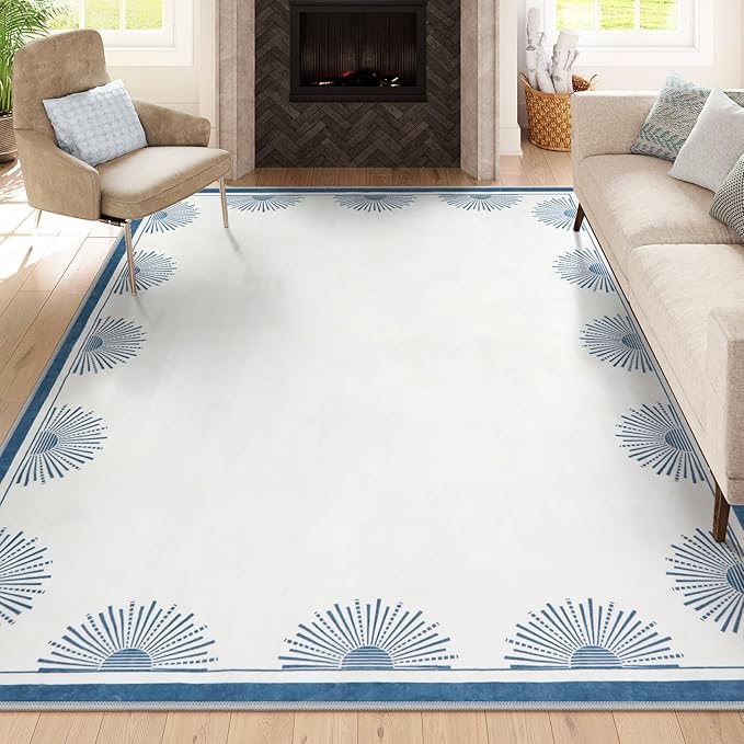 Modern White Rug 8x10, Low Pile Machine Washble Area Rugs, Soft Non Slip Rug for Bedroom,Sun Print Floor Carpet for Dining Room Table Living Room(8'x10',White/Blue)