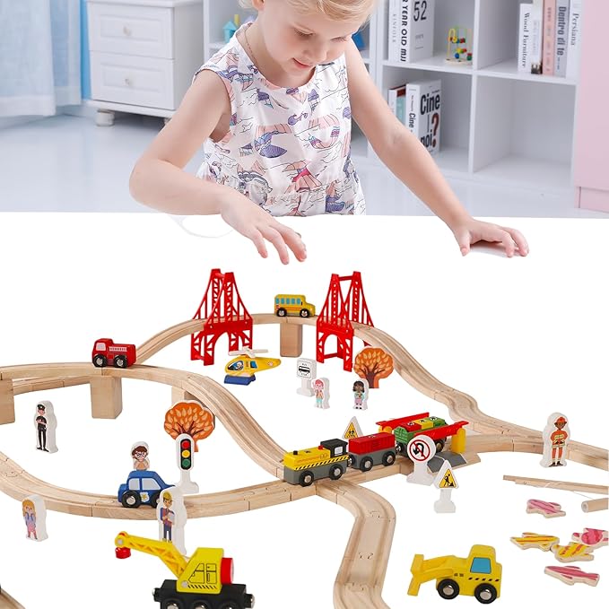 100 Pcs Wooden Train Track Set, Toys Train Railway Vehicles for 3-10 Years Old Kids Boys & Girls Christmas Toys, Fits with Thomas, Brio, IKEA, Melissa and Doug