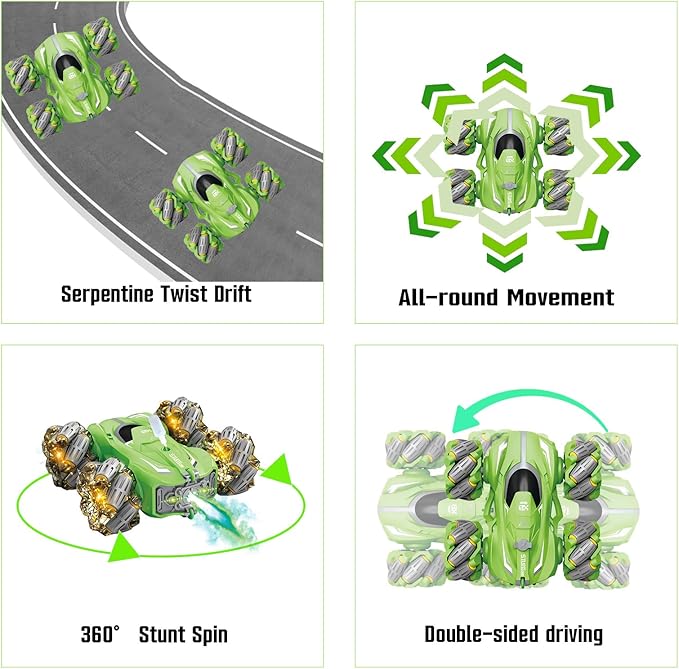 Remote Control Car, 10-in-1 Functions 2.4GHz Clectric Racing Stunt Car, Double-Sided 360°Rrolling Rotation, Spray Music 4WD High-Speed Off-Road Suitable for 6 7 8-12 Years Old boy Toys (Green)