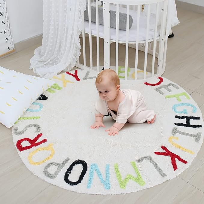 Round ABC Kids Carpet Large Playmat - Play Learn and Have Fun Safely, Hand Woven Alphabet Baby Crawling Mat, Educational Soft Rug, Baby Shower/Birthday Gift, Colorful