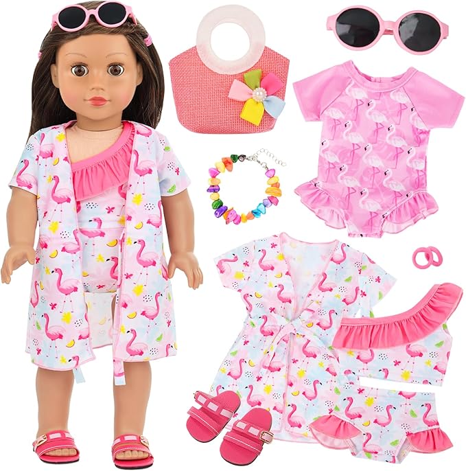 UNICORN ELEMENT 10 Pcs 18 Inch Doll Clothes and Accessories, American 18 Inch Girl Dolls Swimsuits Beach Themed Playsets for 18” Dolls Including Doll Swimsiut, Bag, Sunglasses, Shoes, Necklaces