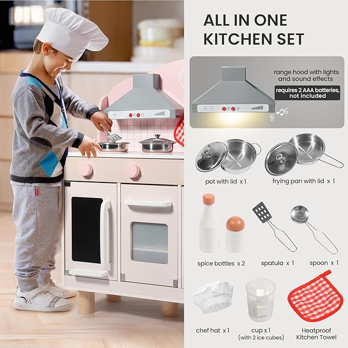 BlueWood Wooden Kids Kitchen Playset for Toddlers Ages 3-8, with Induction Hob, Oven, Ice Maker, Hood, and Tap - Châtelet Creamy Pink