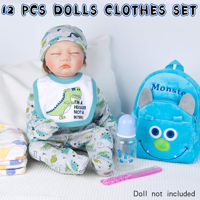 PEDOLLTREE 12 Pcs Set Reborn Baby Dolls Clothes Outfit Accessories Blue Dinosaur Set for 17-22 Inch Reborn Doll Newborn Boy with Monster Backpack Diaper