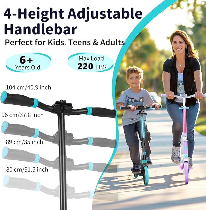BELEEV V8 Scooters for Kids Ages 6+ with Light-Up Deck, 2 Wheel Folding Scooter for Adults Teens, 4 Adjustable Height, Lightweight Sport Commuter Scooter, Sturdy Frame, Max Load 220 lbs