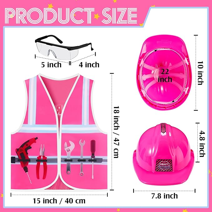 Handepo Construction Worker Costume Kids Hard Hat Construction Vest Goggles Toddler Dress Up Set Birthday Party Girls Boys(Pink, Black)