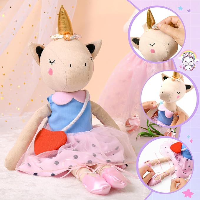 Ballerina Unicorn Doll Stuffed Animal Toys for Girls - Plush Bag | 3 Set Cloth Accessories | Ballet Shoes, Kids Pretend Play Doll Pet Care, Christmas Birthday Gift for 3 4 5 6 Year Old Girls