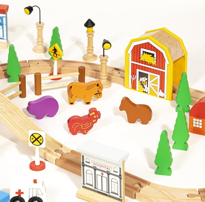 inc. 100 Pc Wooden Train Set, Wood Tracks, Bridges, 2 Trains, Helicopter, Buildings, Police Car, More Railway Accessories Compatible with Thomas & Friends, Brio, Other Major Brands