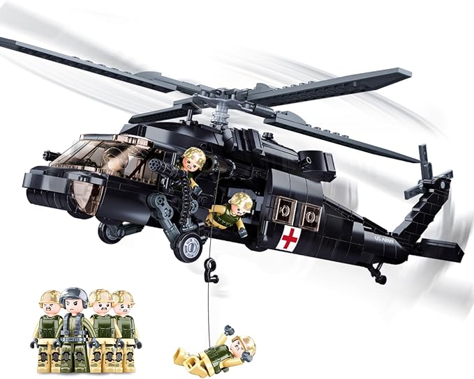 UH-60 Black Utility Helicopter Building Set for Adults, Compatible with Lego Military Army Airplane, Hawk Plane Model Kit with 4 Soldier Figures, Birthday Gift Toys for 8-14 Boys Kids (692 PCS)
