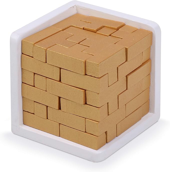 Original 3D Wooden Brain Teaser Puzzle: Engaging 3D Puzzle Box for Kids 8-12 & Adults, Desk Toys Delight, Challenging Games & Wooden Puzzles for Adult Brain Boost (Golden Edition)