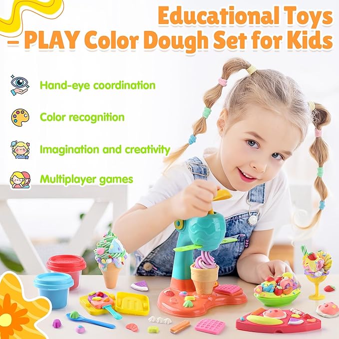 PLAY Clay Dough Set with Ice Cream Maker Machine/Noodle Maker/Banana Split Ice Cream Mold Kitchen Creations Arts Crafts Play Food Toys Tools Kit for Boys Girls Kids Toddlers Ages 3+