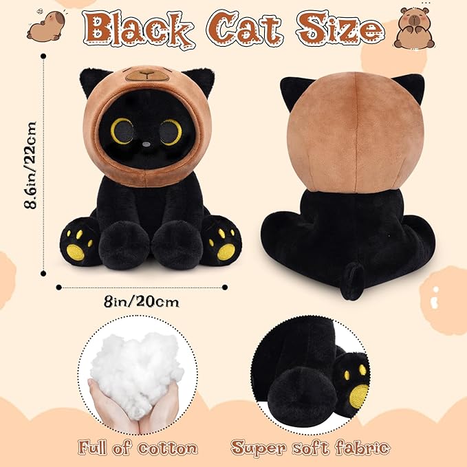 Capybara Cat Stuffed Animal, 8inch Black Cat Plush Wear Capybara Hat, Anime Kitten Plushies Kawaii Huggable Gift for Kids Boys Girls,Girlfriends Christmas, Birthday Gifts