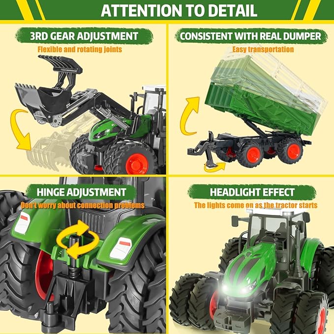 Remote Control Tractor Toy, 2.4 Ghz RC Tractor Toys for Kids 3-5, Toy Tractors Set with Trailer and Light/Loading Arm, Farm Animal Toys Include Cows, Sheep and Hay Bales, Toys for Boys 5-7
