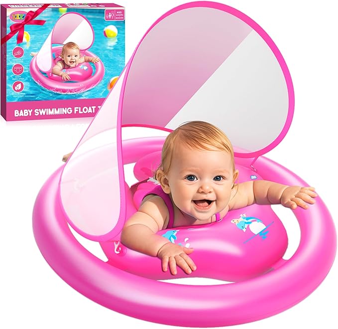 ZIZZ Baby Pool Float with Canopy - 2025 New Inflatable Baby Swim Float with UPF50+Sun Protection, Baby Infant Pool Float with Toy Play Console Adjustable Seat for Toddler Kids Aged 6-36 Months