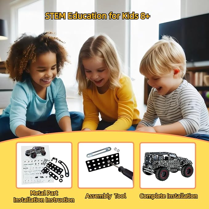 Metal Truck Building Assembly Toy 496PCS STEM Project Building Erector Sets Off-Road Car Model Kit Metal Construction Set Model Car Building Toy for Kids Ages 8+ (Off Road Car)