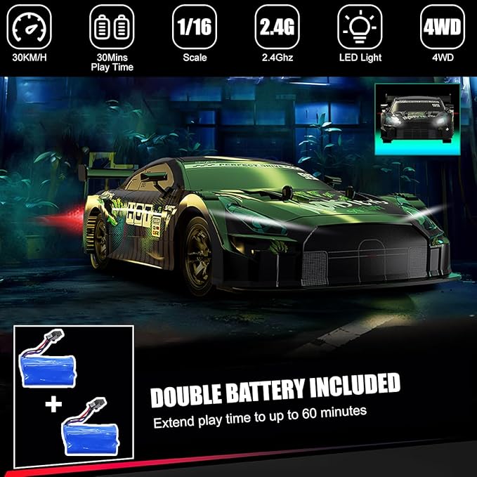 Dollox RC Drift Car 1/16 Scale Remote Control Car 2.4GHz 4WD 30+KM/H High Speed Vehicle with LED Lights, Extra Drifting Tires Racing Black Vehicle Toys Birthday Gifts (191AB) (Black&Green)