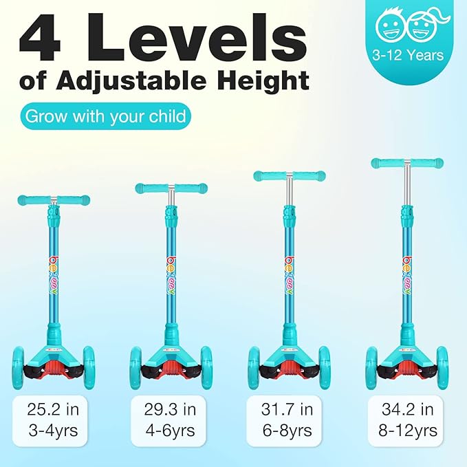 BELEEV A2 Scooters for Kids 3 Wheel Kick Scooter for Toddlers Girls Boys, 4 Adjustable Height, Lean to Steer, Light up Wheels, Extra-Wide Board, Easy to Assemble for Children Gift Sport Toys Ages 3-12