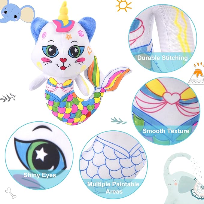 Coloring Plush Toy with 12 Washable Markers for Little Girls Doodle Dolls Arts and Crafts Soft DIY Washable Doodle Stuffed Animal Toy for Kids Ages 4-6 Birthday (Fish Cat)