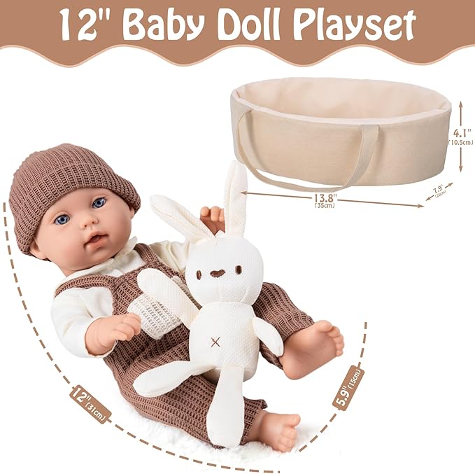 12" Baby Dolls with Carrier Bassinet,Newborn Alive Doll with Accessories and Knit Clothes Includes Pacifier,Bunny Toy,First Baby Doll for Toddlers 3 Ages and Up