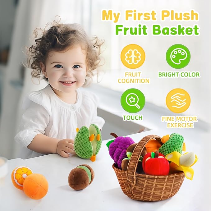 Play Food for Toddler 1-3, Plush Pretend Food Set with Sorting Fruit Basket, Baby Sensory Toys 6-12 Months, Montessori Learning Early Educational Toy for Infants, Gifts for 1 Year Old Boy Girl