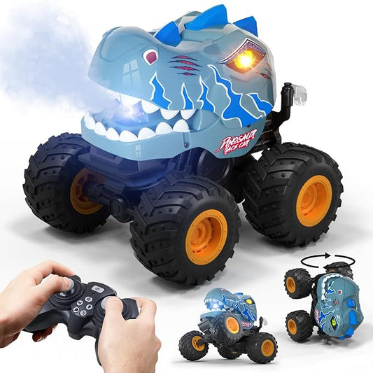 Dinosaur Remote Control Car for Boys 4-7, 360° Rotating Stunt Vehicle, 2.4GHz All Terrain RC Monster Truck Toys with Spray, Light & Sound for Kids 8-12, Birthday Gift for Boys (Grey)