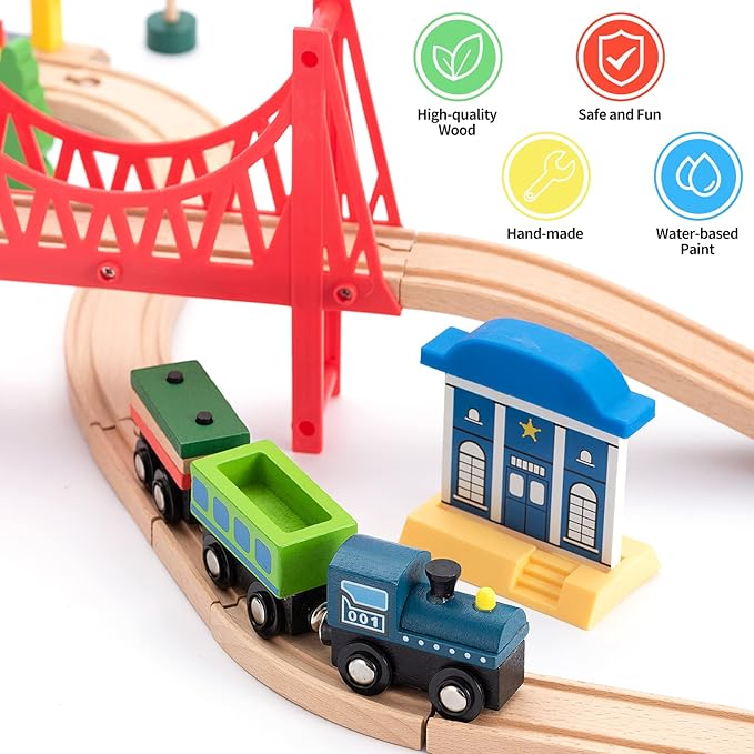 Wooden Train Set 65PCS, Toy Train Sets with All-Wood Double Sided Train Tracks for Boys & Girls Fits Thomas, Brio, Melissa and Doug...(65PC)