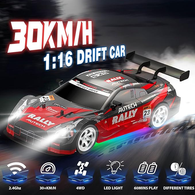 RC Drift Car 1:16, 2.4GHz 4WD Drifting RC Cars 30+KM/H High Speed Remote Control Car with LED Lights Two Batteries and Drift Tires, Race car for Adults Boys Kids, Red