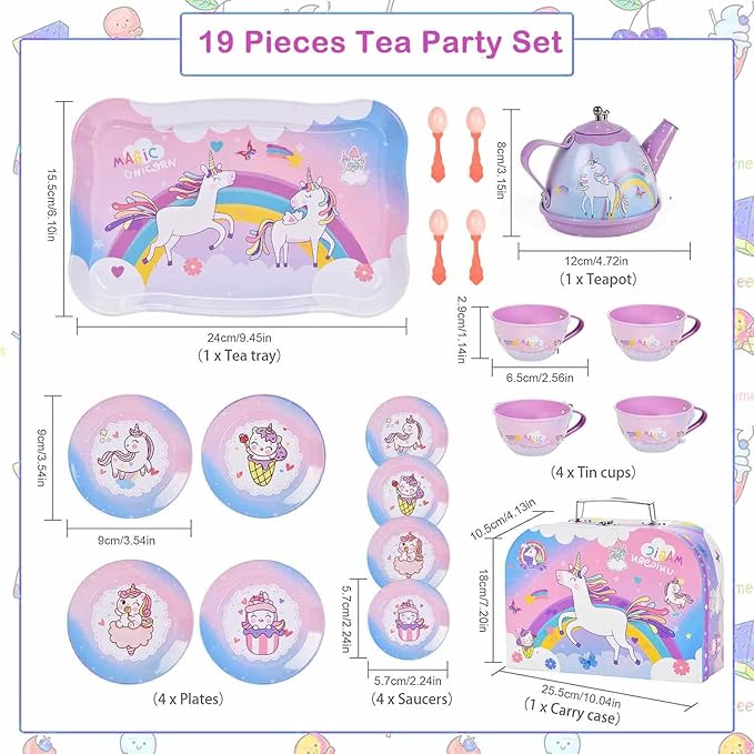 19Pcs Unicorn Toys Tea Party Set for Little Girls, Birthday Gift for Age 3 4 5 6 Year Old, Princess Tea Time Set Toys for Little Girls, Kids Toddlers Kitchen Pretend Toy with Tin Tea Set
