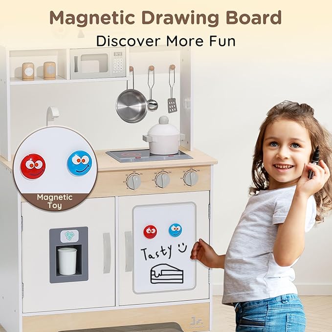 SainSmart Jr. Wooden Play Kitchen for Kids - Premium Toddler Pretend Play Cooking Set - Includes Stove, Refrigerator, and Accessories for Boys and Girls