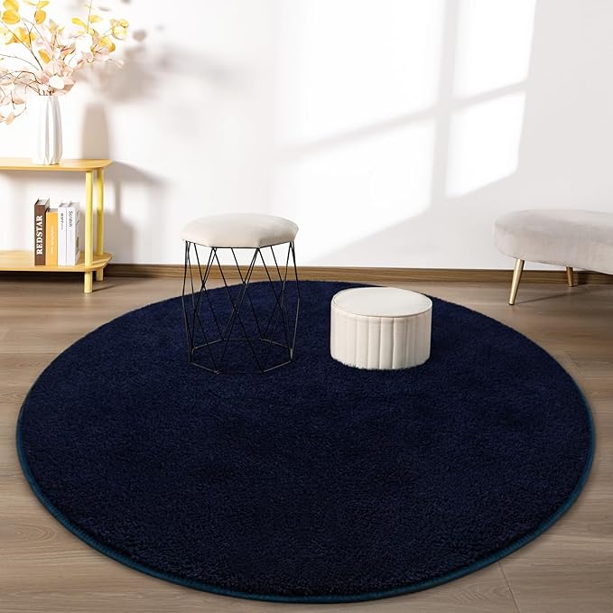 FlyDOIT Round Area Rugs for Bedroom Living Room, 5x5 Navy Blue Super Soft Comfy Thickened Memory-Foam Indoor Circle Carpets, Modern Aesthetic Minimalist Carpet for Boys Girls Adults Nursery Home Décor