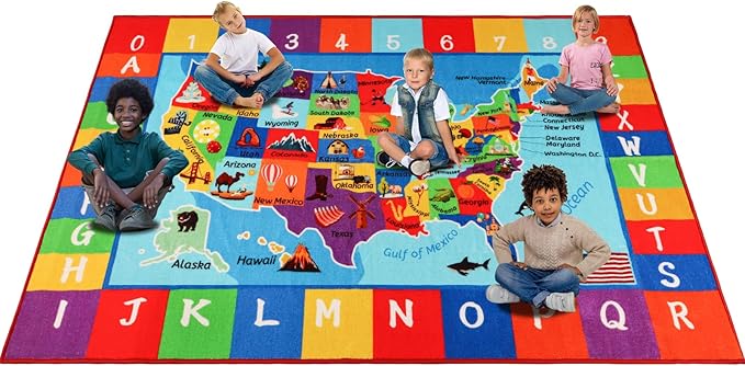 Classroom Carpets Kid Rug,13.3'×7.7' USA Map Classroom Rug for Kindergarten Primary School, Preschool Mat for Classroom Learning Area Nylon Non-Slip Latex Backing 157"×91"