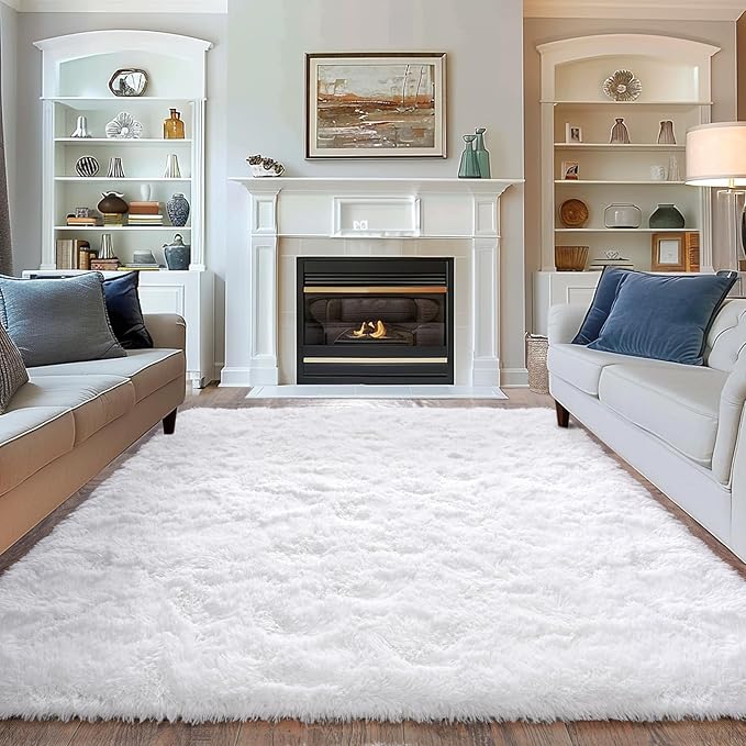 Super Fluffy Area Rug for Bedroom, Modern Shag White Area Rugs, Soft Plush Small Carpet for Kids,Girls Boys and Teens Decorations for Living Room Dorm Nursery Classroom, 8x10 Feet
