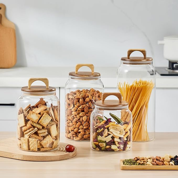 Sweejar Large Glass Candy Jars with Wooden Lids, 1 Gallon Glass Jar with Lid, Sugar/Flour Storage Containers, Big Glass Canisters with Airtight Lid, 2