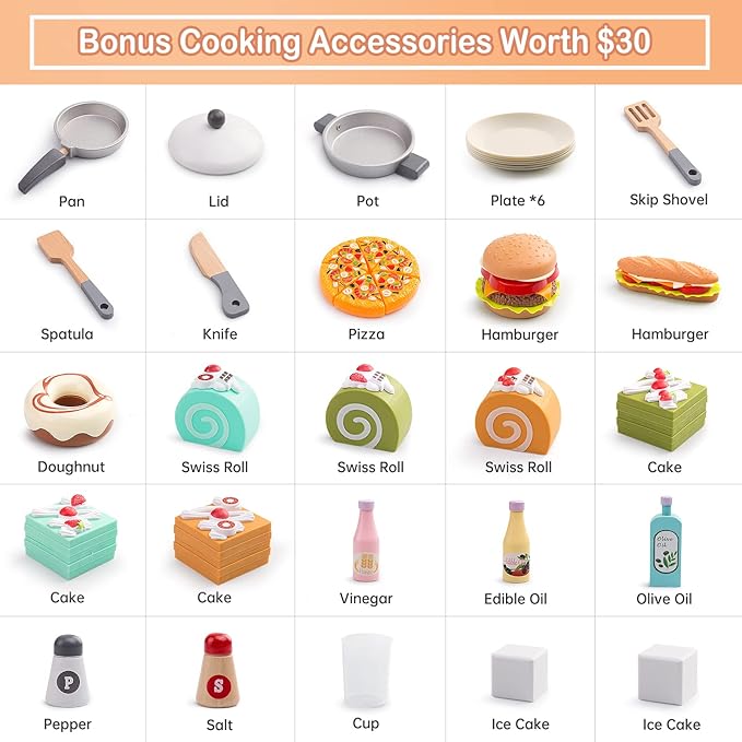 Bruvoalon Wooden Play Kitchen Toy Set for Kids, with Realistic Design, Sink with Faucet, Oven, Microwave, Utensils, Kitchenware Play Food Set Accessories, Birthday Gifts for Toddlers Boys Girls (Pink)