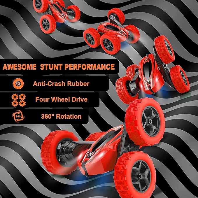 Remote Control Car, 2.4GHz Fast Stunt RC Trucks with Headlights, 4WD Double Sided 360 Rotating Off Road RC Crawler Toy Cars for Kids Boys Girls (Red)