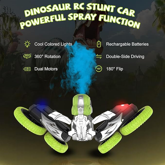 Remote Control Car, 360° Rotating RC Stunt Car with Lights and Spray, 2.4Ghz 4WD Double-Sided Driving RC Car Toys for Kids, Outdoor Dinosaur Truck Gift for Boys and Girls Age 4-7,8-12 (Green)