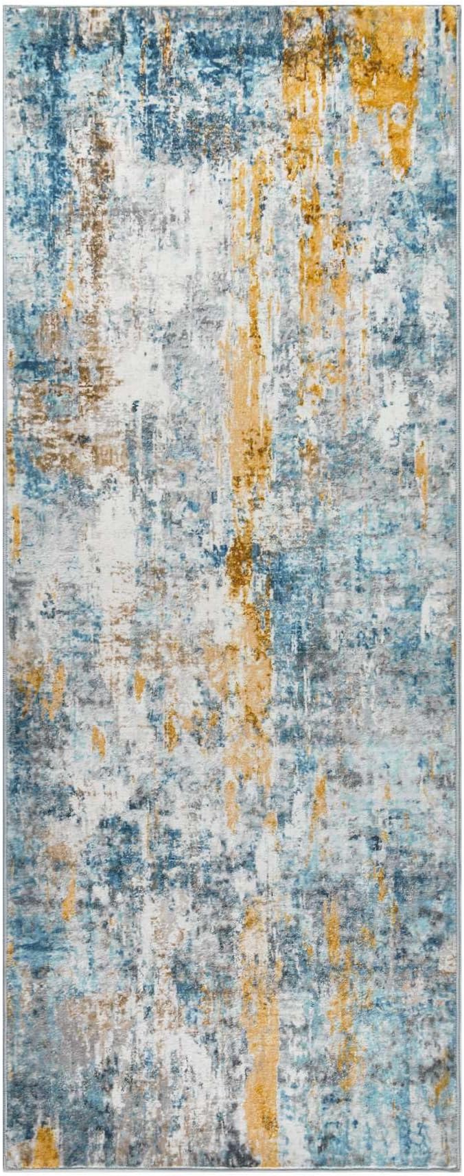 Runner Rug for Kitchen Hallways Runner Rug Non Slip 2'6''x8' Washable Blue Long Runner Rugs with Rubber Backing Soft Abstract Carpet Runner for Entryway, Kitchen, Bedroom, Bathroom
