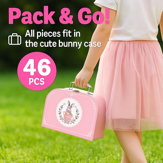Tea Party Set for Girls – Princess Toddler Birthday Gift, Bunny Tea Time Toys with Teapot, Desserts, Cups, Plates & Carrying Case, Pretend Kitchen Playset for Kids Ages 3-8