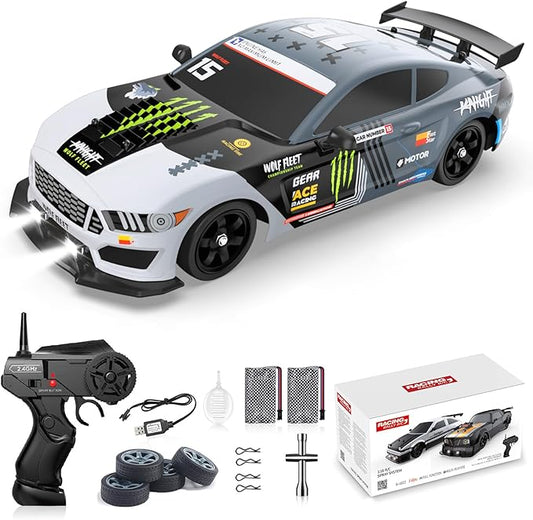 Remote Control Car RC Drift Car 1:16 Scale 4WD 18KM/H High Speed Model Vehicle 2.4GHz with LED Lights Spray Rubber Tire Racing Sport Toy for Adults Boys Girls Kids Gift 2Pcs Rechargeable Batteries