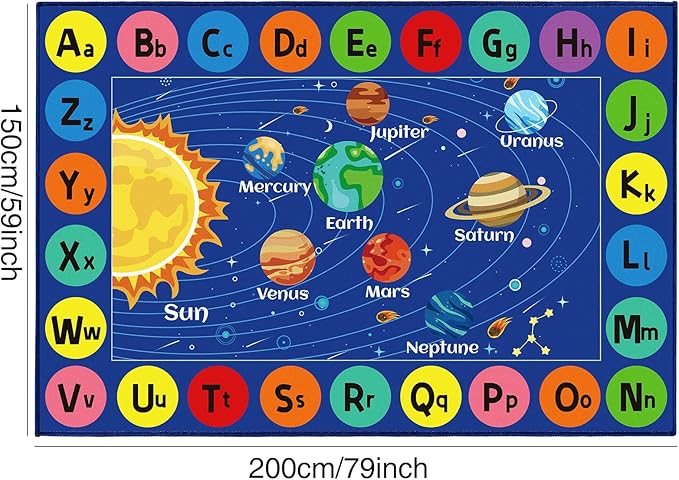 Kids Rug Outer Space Carpet for Playroom, ABC Educational Learning Area Rug, Non-Slip Solar System Road Play Play Rug for Kids Bedrooms, Classroom, Nursery Room Decor (Blue, 78.7X59 INCH)