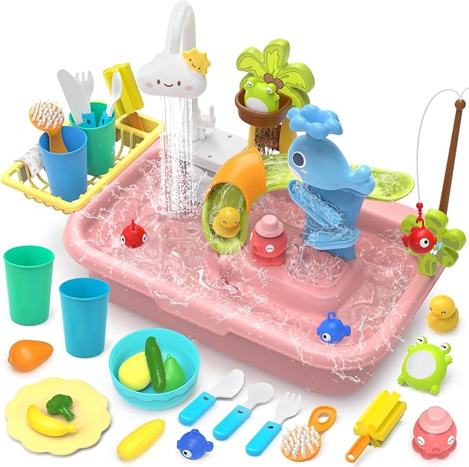 Play Sink with Running Water, 4-IN-1 Kids Kitchen Sink Toys with Electric Faucet, Water Table Floating Pool Toy w/ Fishing Game, Duck Slide, Pretend Play Dishwasher Set for Toddler Boys Girls (Pink)
