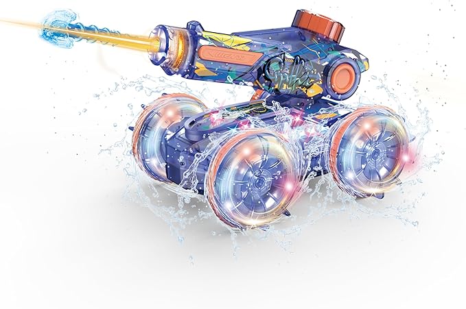 Amphibious Remote Control Car Toys - RC Stunt Car with Water Gun for Boys and Girls Age 8-12 | Remote Control Boat for Kids | Water & Land 4WD with Gesture Sensing, Lights, Waterproof, Rotation, Blue