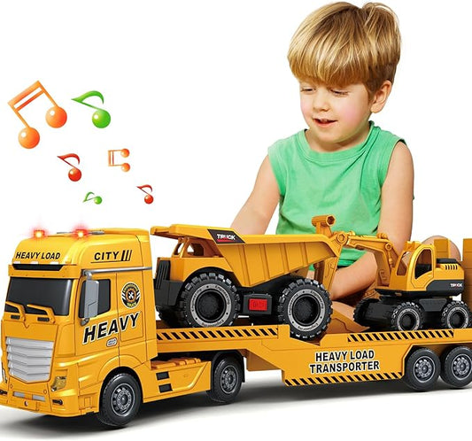 SpringFlower 3 4 5 6 Toddler Boy Toys, 25" Construction Carrier Truck Toy with Excavator and Dump Truck,3 in 1 Truck Boy Toy, Christmas Birthday Gifts for Kids 3 4 5 6 Years Old