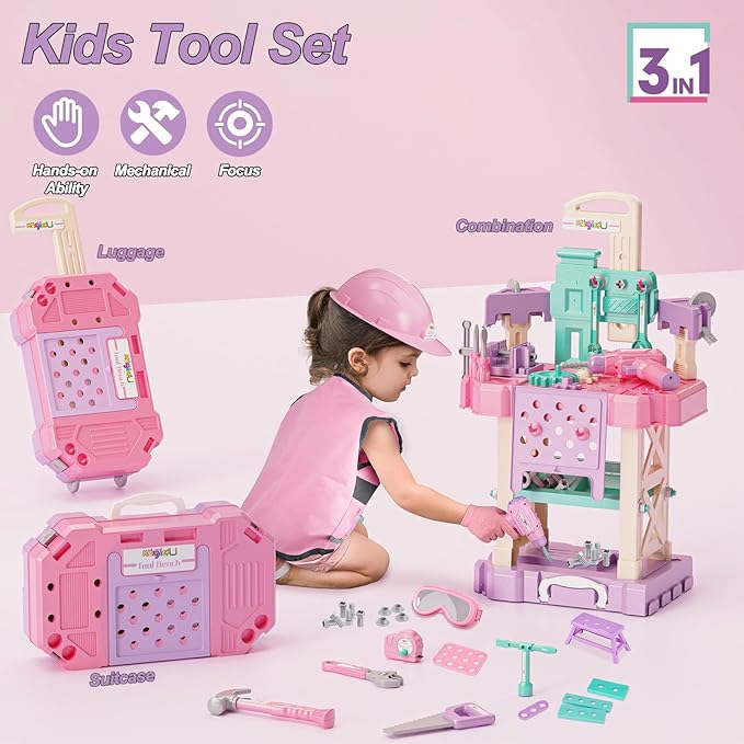 Kids Tool Bench Set,MAGIC4U 89PCS Toddler Tool Workbench with Electirc Drill 12 Tools Equipement,Safety Vest & Hat,Pretend Play Kids Construction Toys Gift for Girls Boys Age 3,4,5,6,7,8