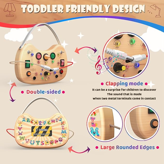 Montessori Wooden Busy Board for Toddlers with LED Light Lights & Switches,Portable Activity Board for Car & Airplane Travel Toys, Christmas & Birthday Gift for 1-3 Year Old Boys & Girls