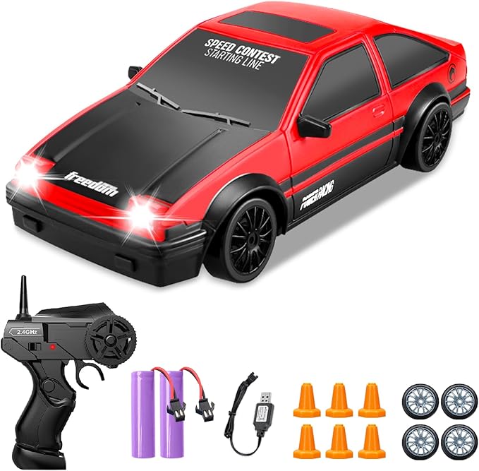 RC Drift Car, 1:24 Remote Control High Speed Race Drifting Cars, 2.4GHz 4WD Electric Sport Racing Hobby Toy Car with Two Batteries Headlight for Boys and Girls Teens and Adults (Red)