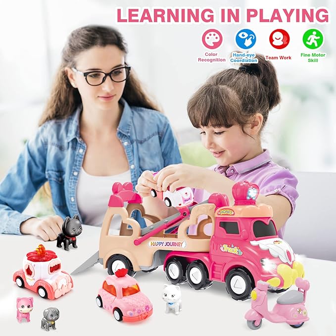 9 in 1 Carrier Truck Cars Toys for Girls Toddlers,Pink Princess Girl Car with Light and Sound,Toddler Girl Toys Age 1-2 2-4,Toys for 1 2 3 Year Old Girls Birthday for Baby Girl…