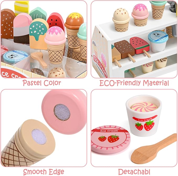 Toyssa Wooden Ice Cream Toys Kids Pretend Play Store Toys for Toddlers Girls 3 4 5 6, Wooden Food Christmas Birthday Gifts Play Kitchen Accessories for 2 3 4 5 Year Old Girls Boys