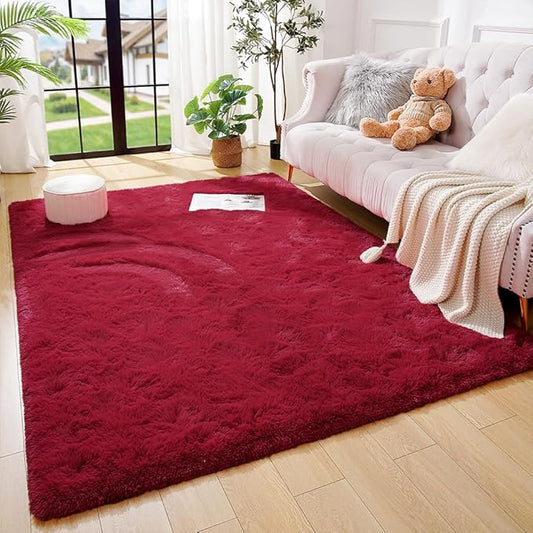 Amearea Premium Soft Fluffy Rug 4x5.3 Feet, Fuzzy Area Rugs for Bedroom, Shag Carpet for Living Room Nursery Kids Room Decor, Comfortable Indoor Furry Dorm Carpets, Wine Red